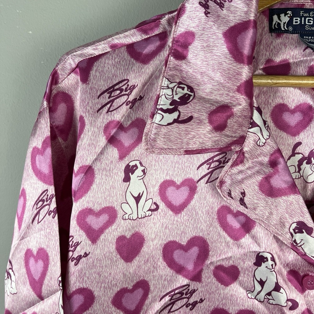Big Dogs Pink Satin Nightgown Womens L/XL Button Front VTG‎ Y2K Valentine Heart